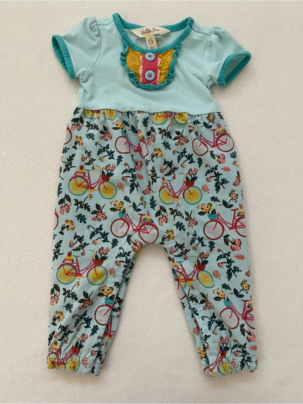 Matilda Jane Short Sleeve Jumpsuit Floral Bicycle Blue Green Aqua 0-3 Months